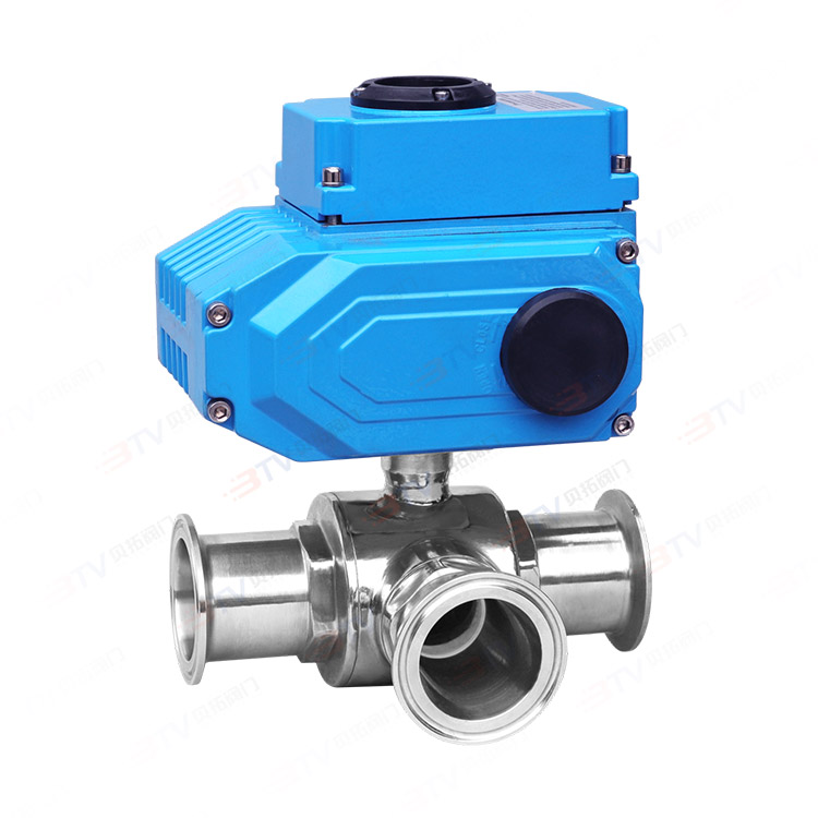 Electric three-way sanitary fast-loading ball valve